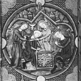 Illumination from a medieval manuscript showing a game similar to backgammon